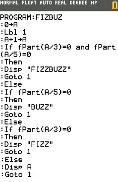 FizzBuzz TI-84 Program Code