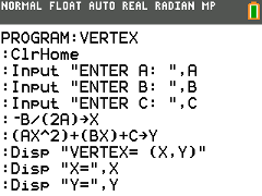 Quadratic Vertex Finder TI-84 Program
