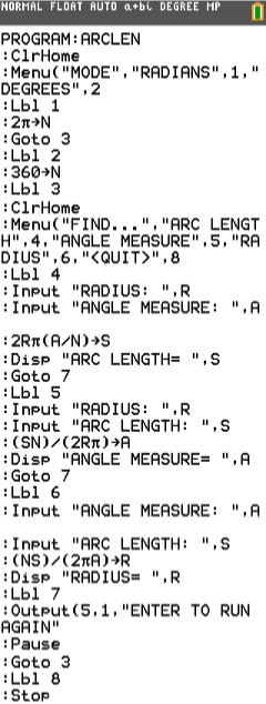 Arc Length Program TI-84 Plus - Math Class Calculator
