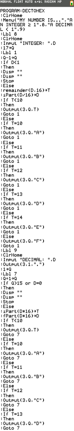 Decimal to Hexadecimal converter ti-84 program